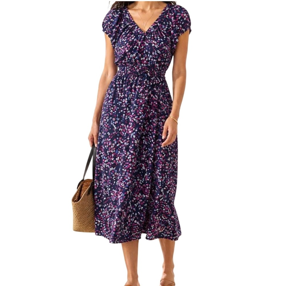 GAP Womens Navy Blue Floral Smocked Waist Rayon Midi Dress XL New 516723-00-1